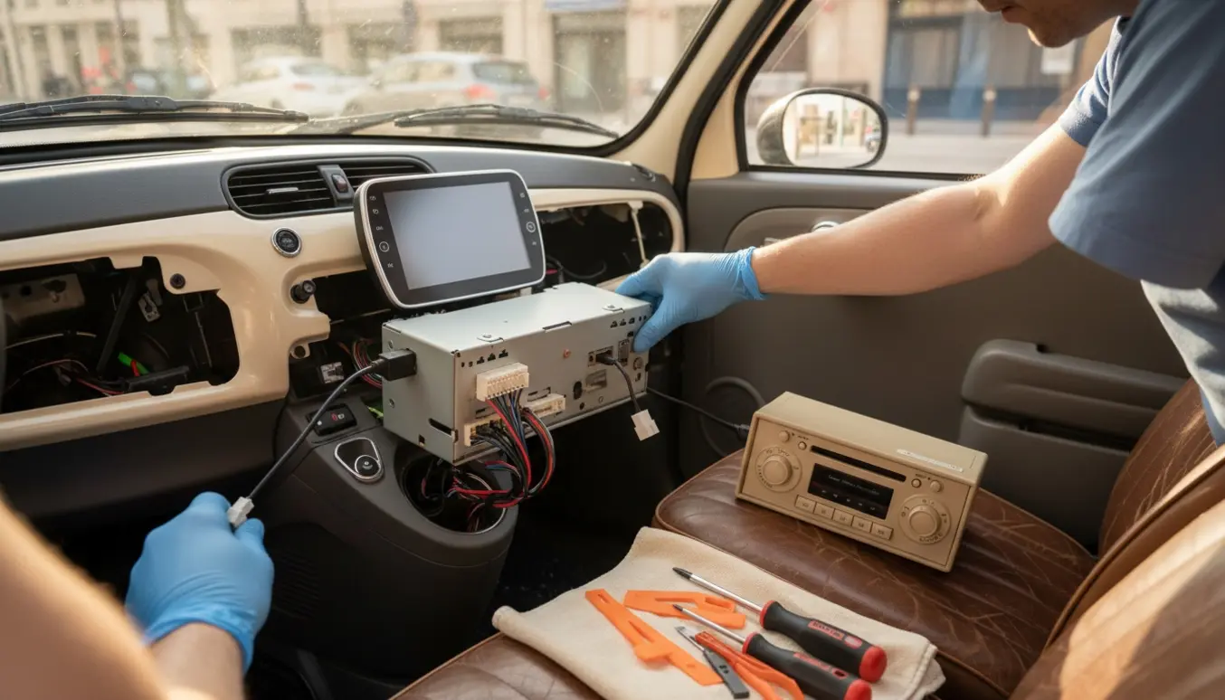Hænder installerer en ny CarPlay-hovedenhed i instrumentbrættet på en Fiat 500 med værktøj og ledninger.
