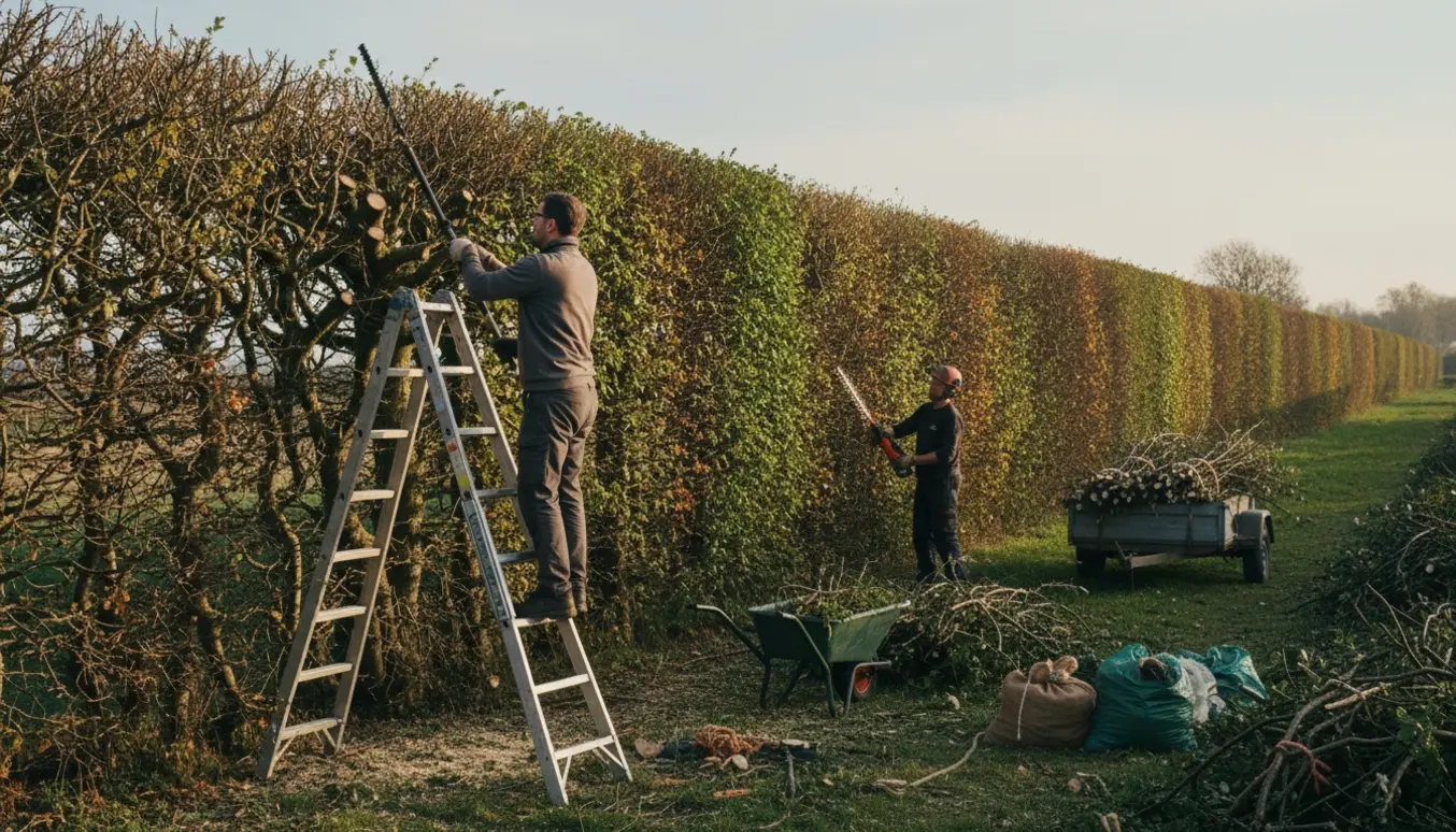 Lang tjørnehæk bliver klippet ned til 3 m med stige, motorsav og hækklipper, og afklip er samlet klar til bortkørsel.