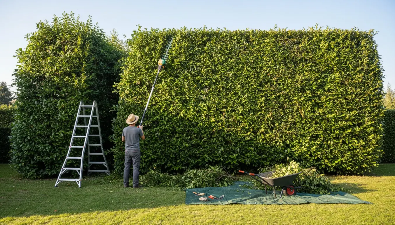 Beskæring af et langt Mirabella-hegn med teleskop-hækkeklipper fra jorden og bunker af afklip ved siden af.