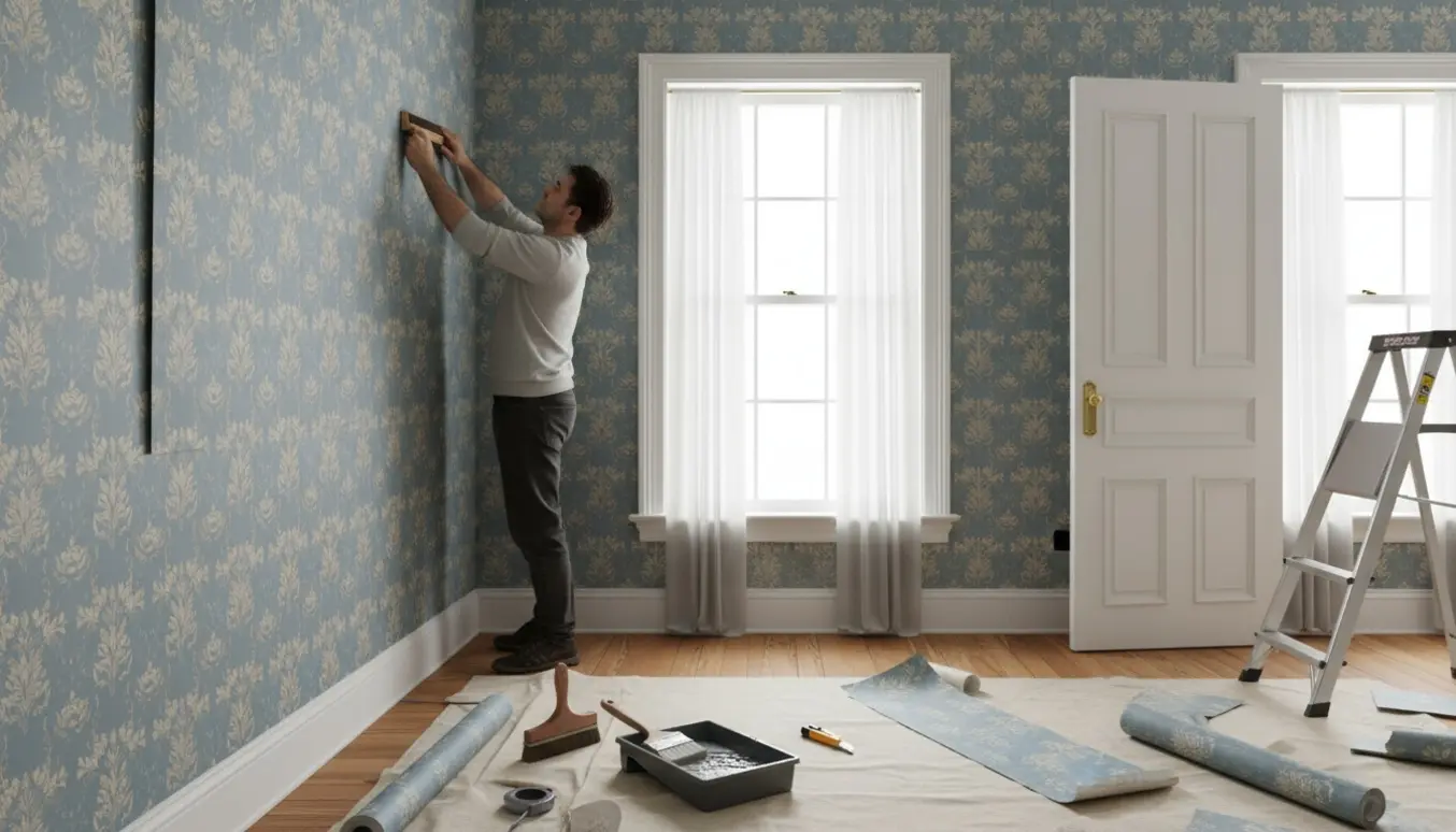 Person opsætter tapet på en væg med to vinduer og en dør, med værktøj og materialer omkring.