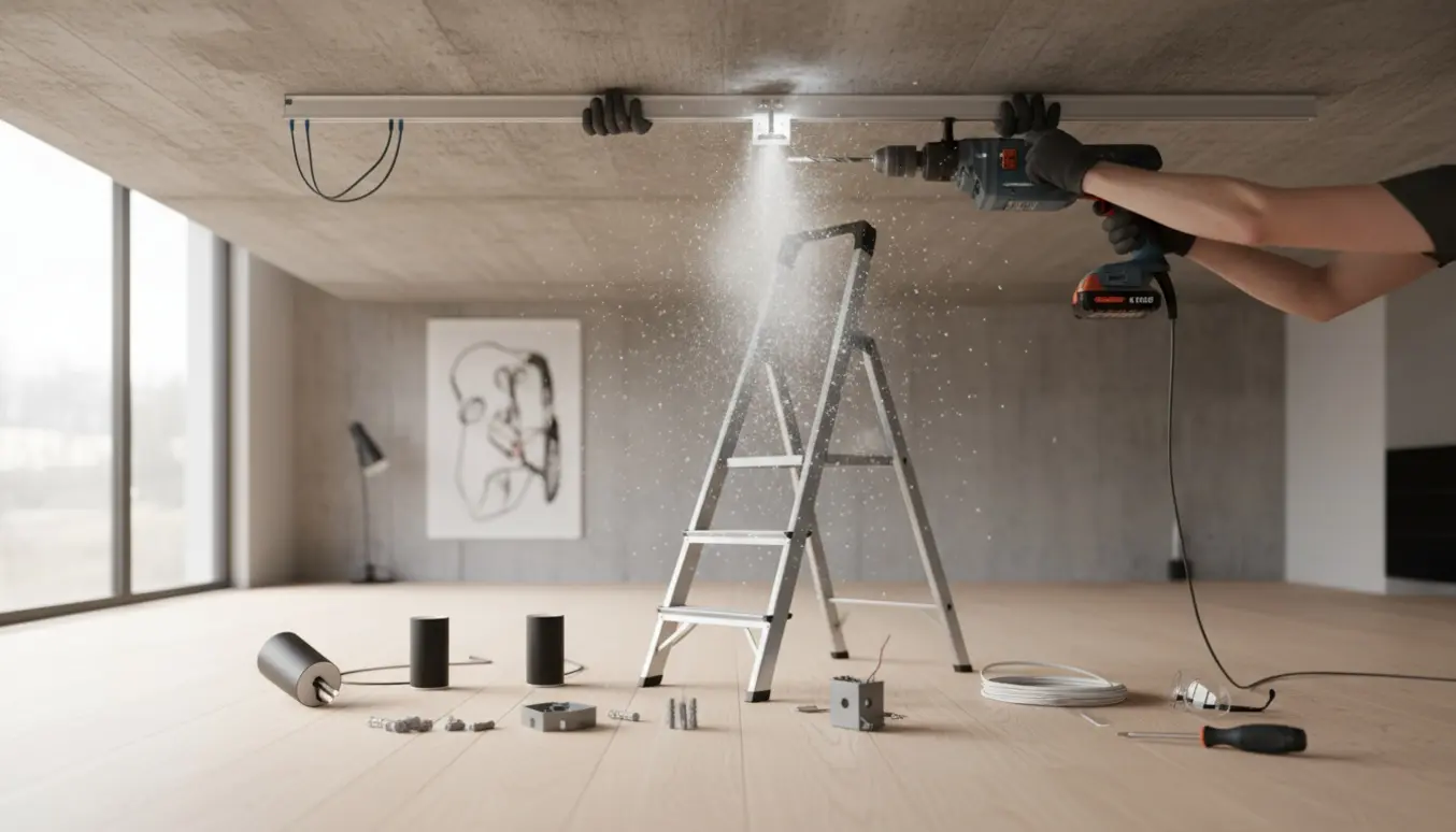 Opsætning af lampeskinne og tre lamper i et betonloft med borehammer og værktøj.