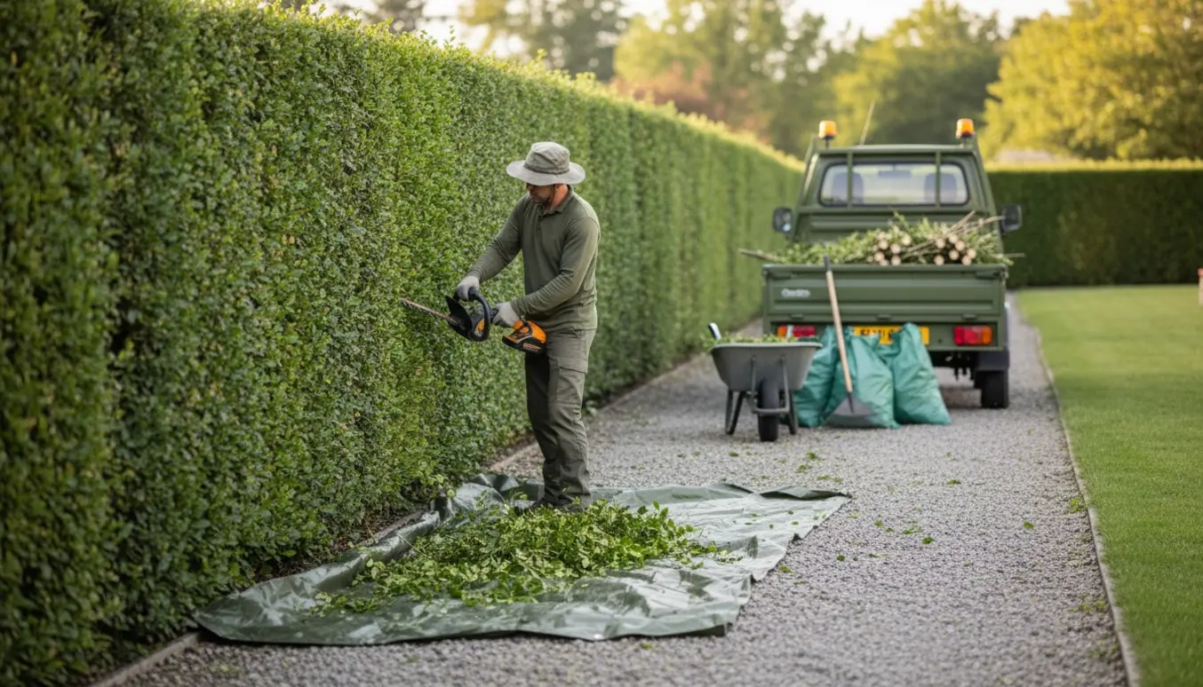 Ligusterhæk på ca. 180 cm bliver klippet langs en sti, med afklip samlet på trailer og i haveredskaber.