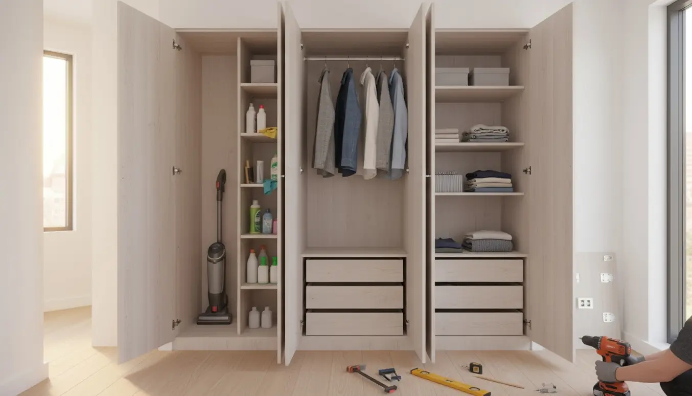 Indbygget garderobeskab under montering med smalt rengøringsskab og tøjsektion i naturligt lys.