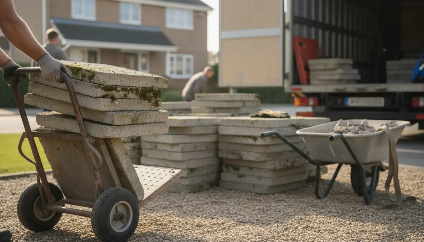 Bunker med ca. 55 betonfliser (50x50 cm) ved indkørsel, klar til afhentning med håndvogn.