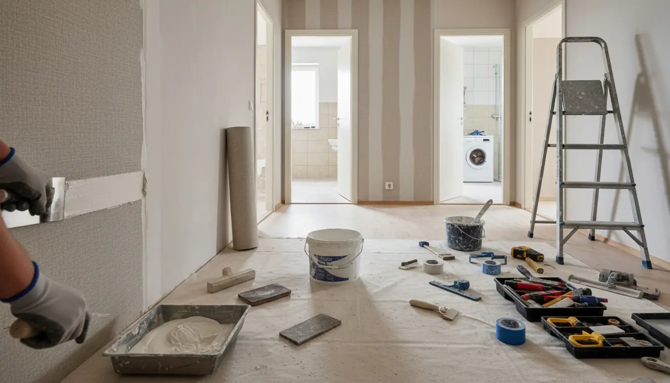 Spartelarbejde og opsætning af filt i en lys gang med værktøj og materialer.