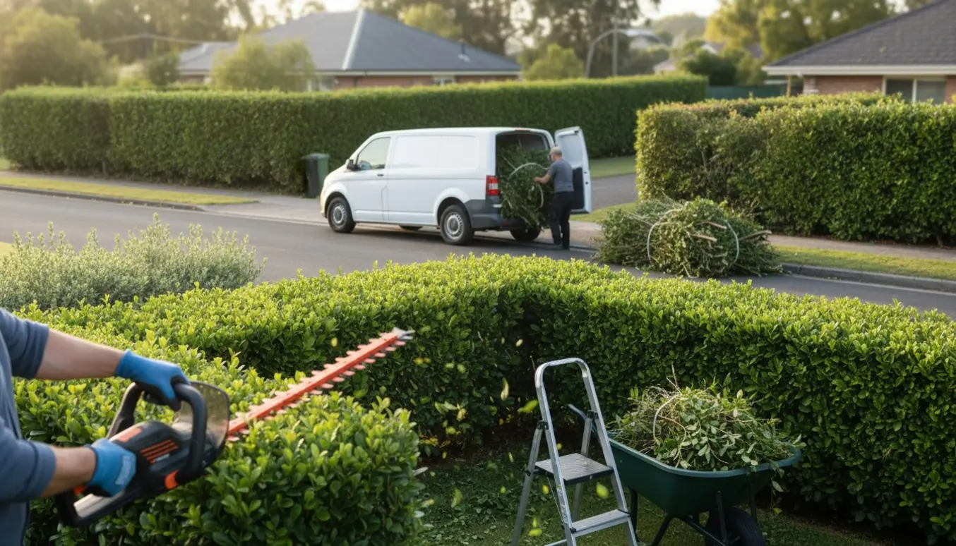Delvist nyklippet hæk langs grund med hækklipper, trillebør og bortførselsvogn klar, uden tydelige ansigter.