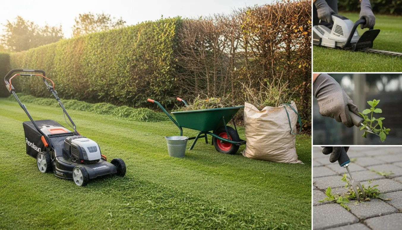 Nyklippet hæk, slået græs og fjernet ukrudt mellem fliser med haveredskaber klar til bortkørsel.