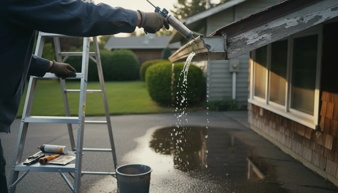 En håndværker uden synligt ansigt reparerer en revnet tagrende, mens vand drypper ned og danner en pyt.