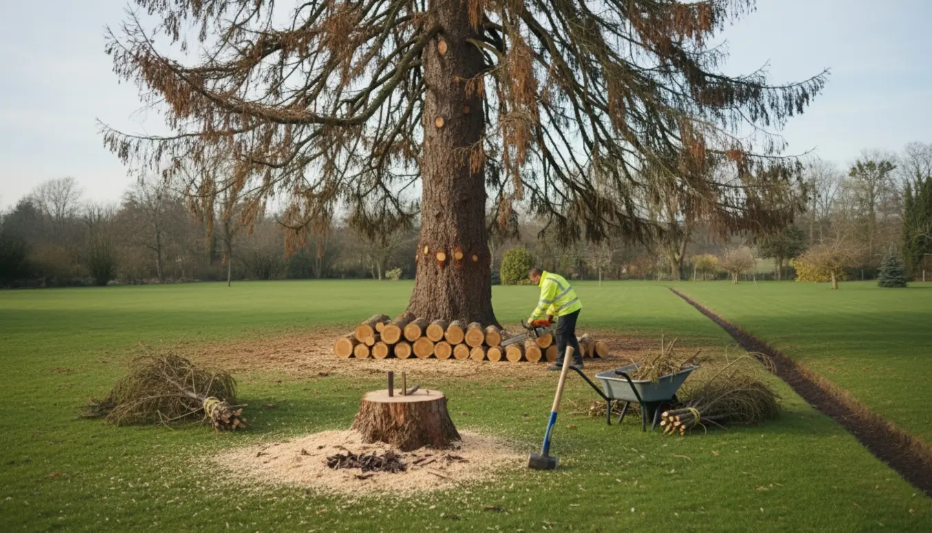 Død gran delvist kappet i skiver på en åben græsplæne med motorsav og bunker af træved klar til bortkørsel.