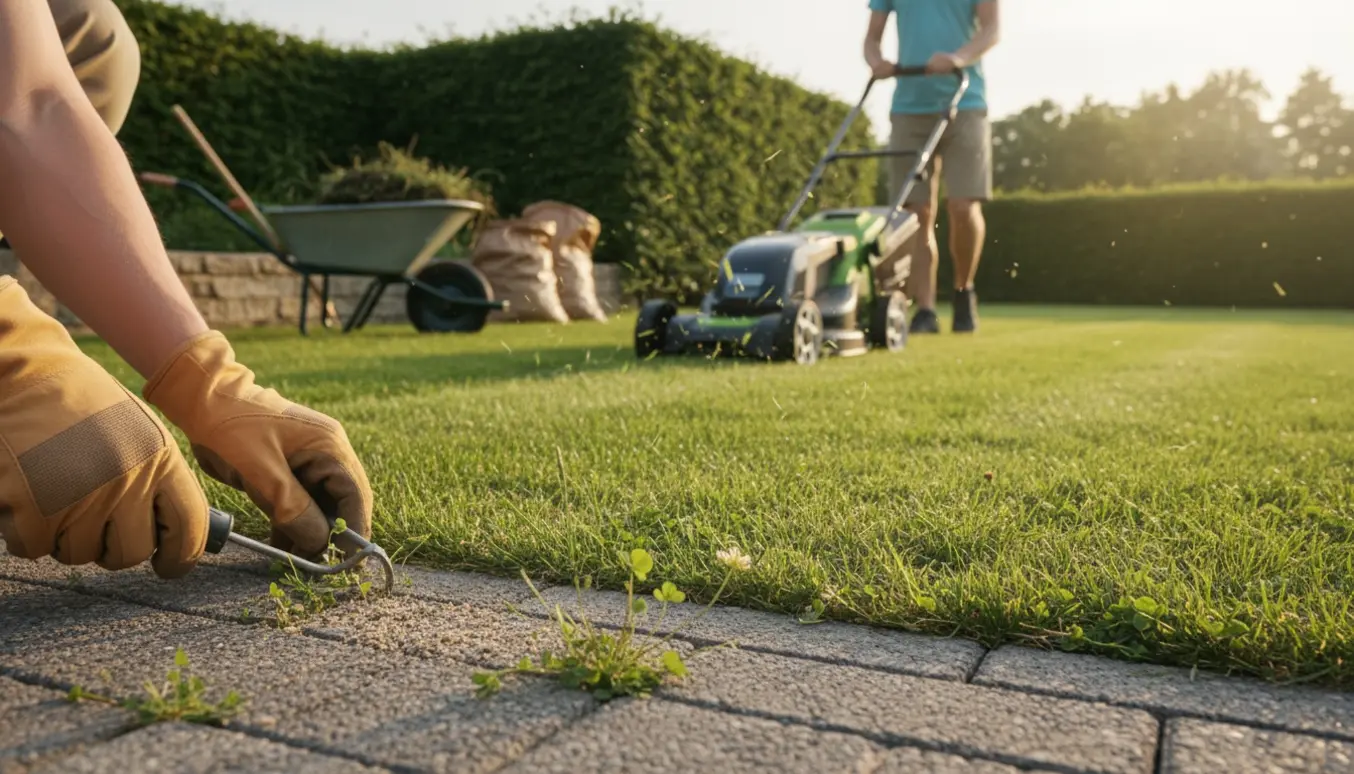 Plæneklipning med en håndskubbet plæneklipper og handsker, mens ukrudt fjernes fra indkørslens fliser foran en trimmet hæk.