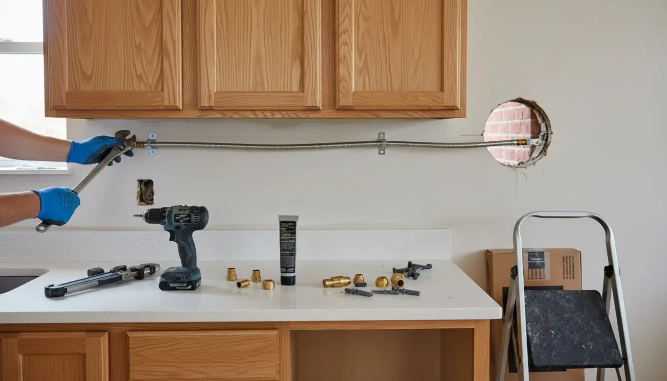 Installatør fører en gasledning over køkkenskabe mod ydervæg under geninstallation af en gaspejs.