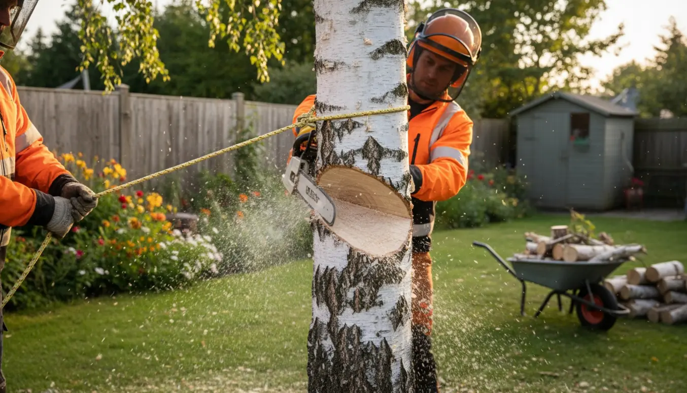 Birketræ fældes i en have med kædesav og synligt snit, ingen ansigter.