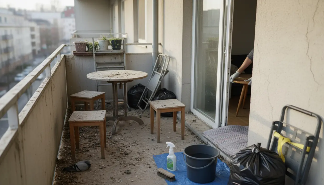 Meget beskidt 4. sals altan med dueekskrementer, en død due og beskidte møbler, som forsigtigt bæres gennem den åbne lejlighedsdør.