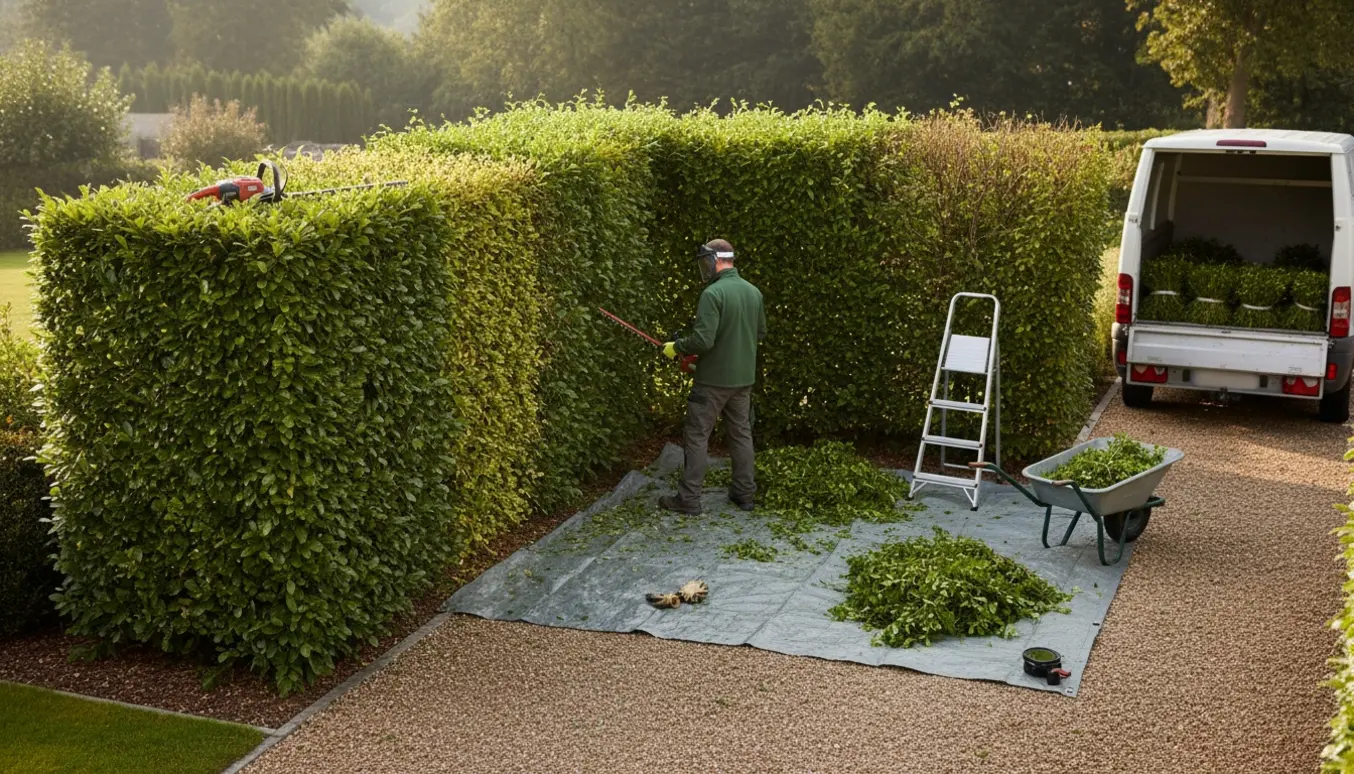 Professionel beskæring af en rektangulær bøgehæk med afklip samlet i skovl og trailer i en forstadshave.
