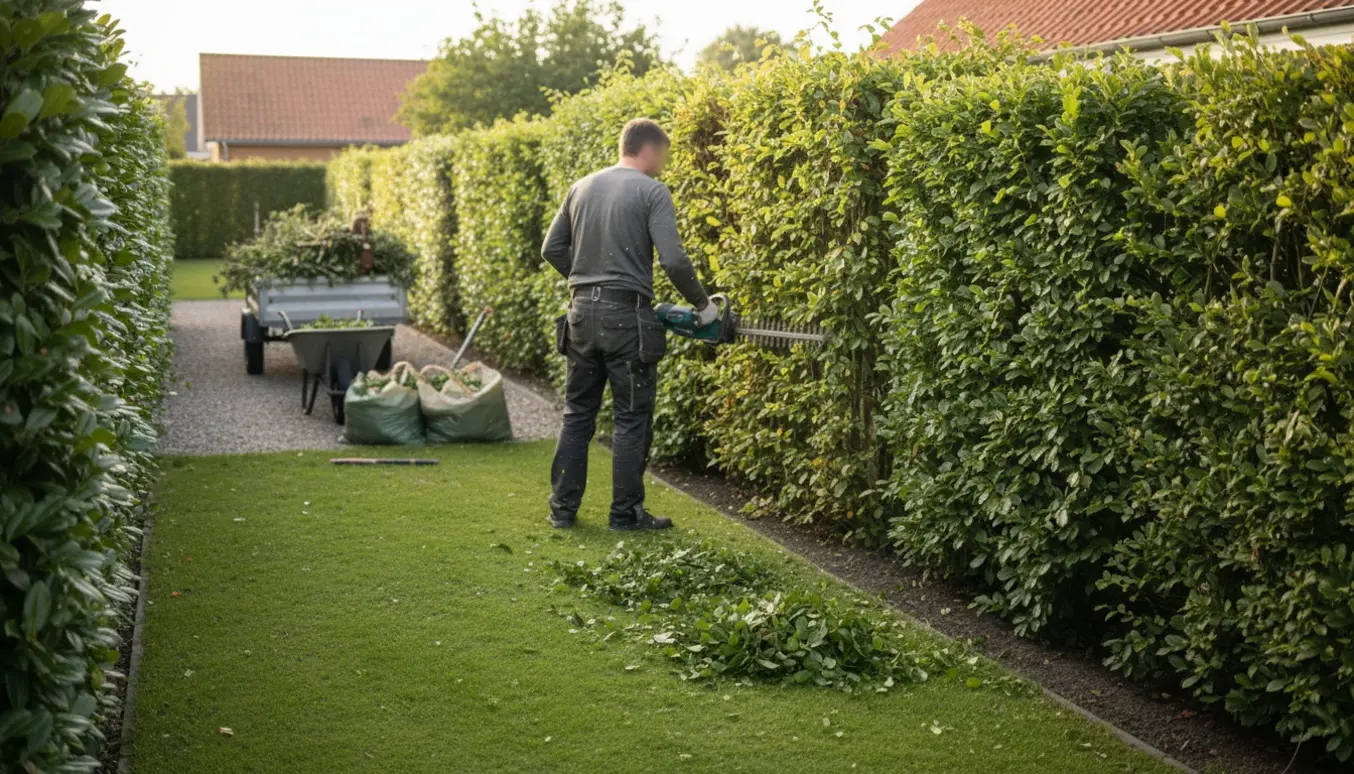 En havemand klipper forskellige hække i en forstadshave med trillebør og haveaffald klar til transport.