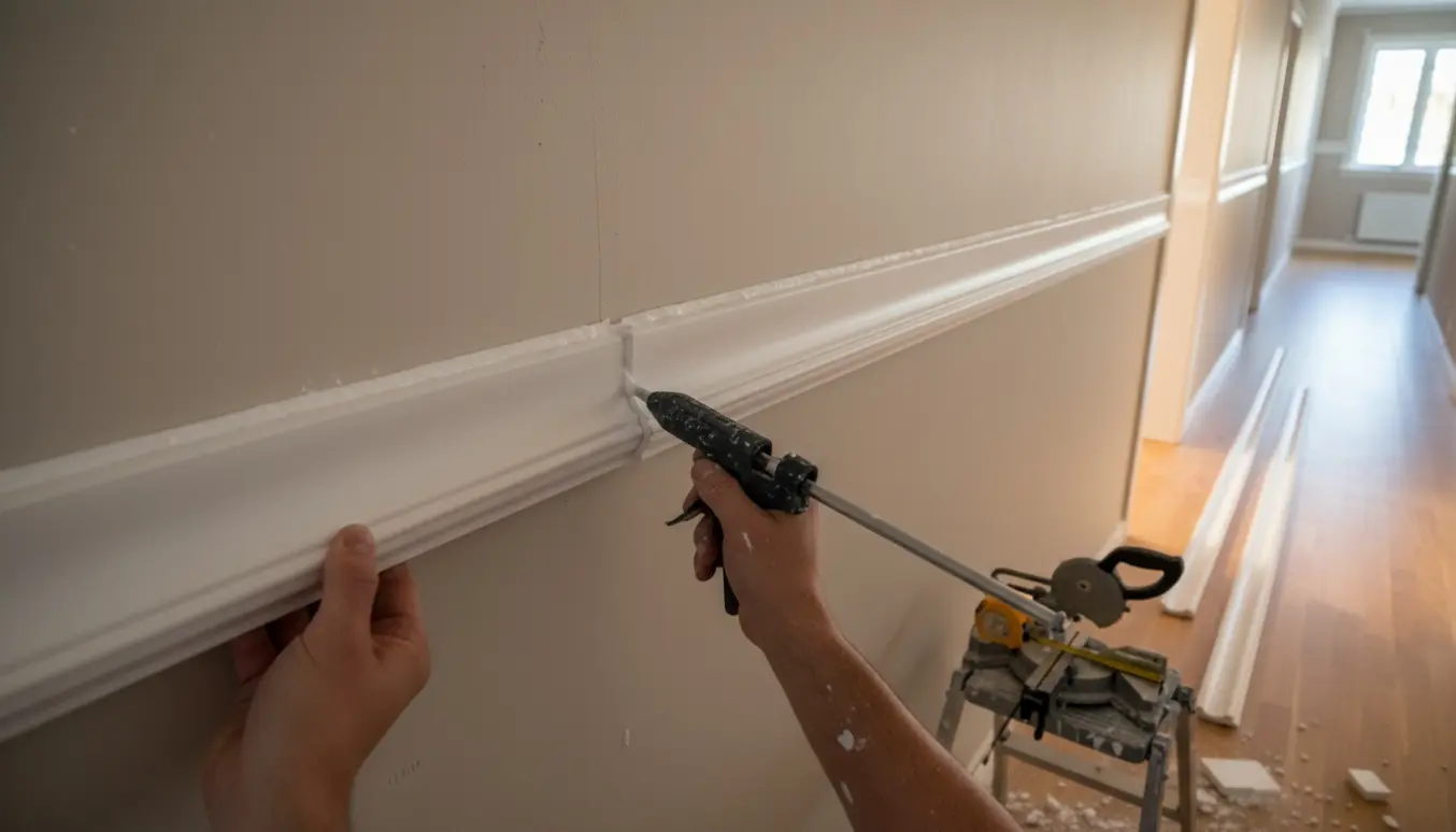 Nærbillede af opsætning af flamingostuk i en lys gang med lim, geringssav og værktøj.