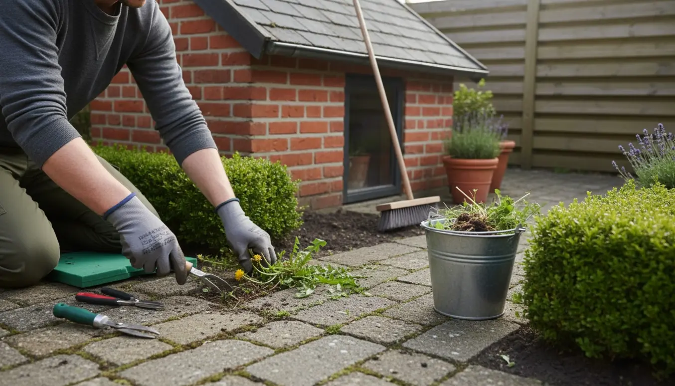 Hænder i handsker fjerner ukrudt mellem fliser i en lille gårdhave med haveredskaber og opsamlet ukrudt.