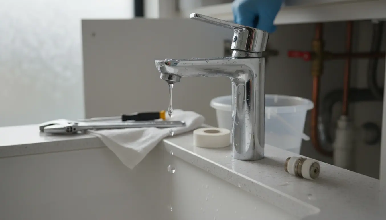 Nærbillede af et dryppende krom-armatur over en vask med værktøj og reservedele klar til reparation.
