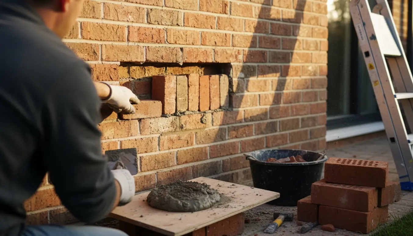 Nærbillede af murerreparation på ydermur med fjernet mørtel, udskiftede mursten og murerredskaber.