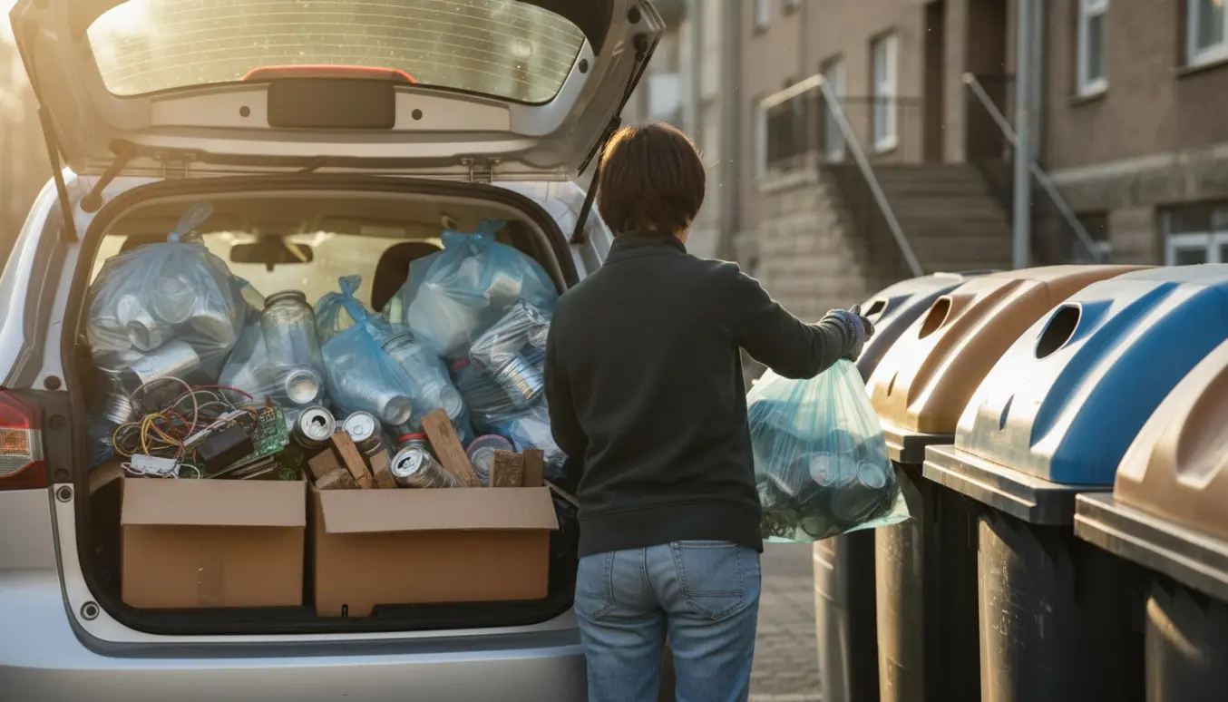 Åben bil med gennemsigtige sække med rene plastik-, metal- og glasemballager samt kasser med elektronik og træ ved en genbrugsplads, en person set bagfra fører en sæk til en container.