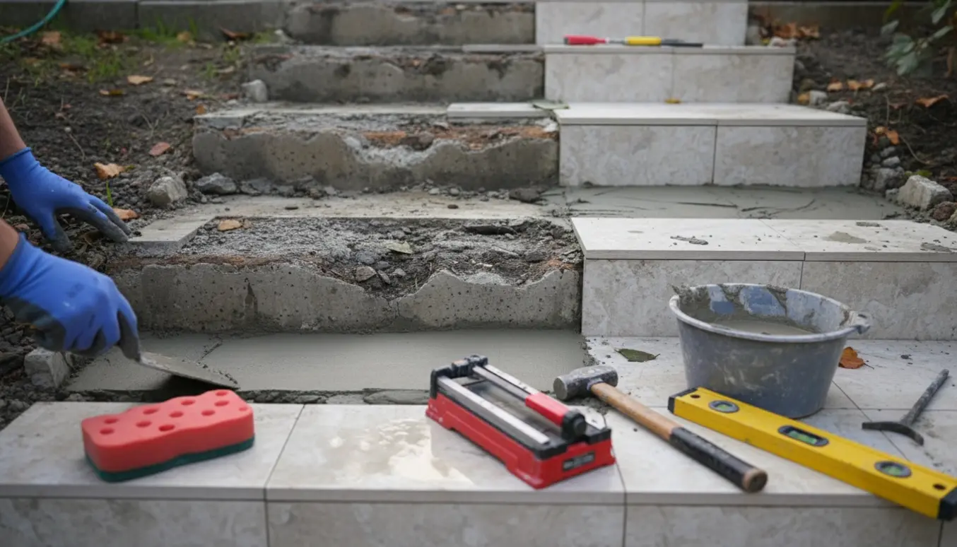 Udvendig trappe med otte trin under omlægning af fliser efter regn, værktøj og nye fliser i fokus.