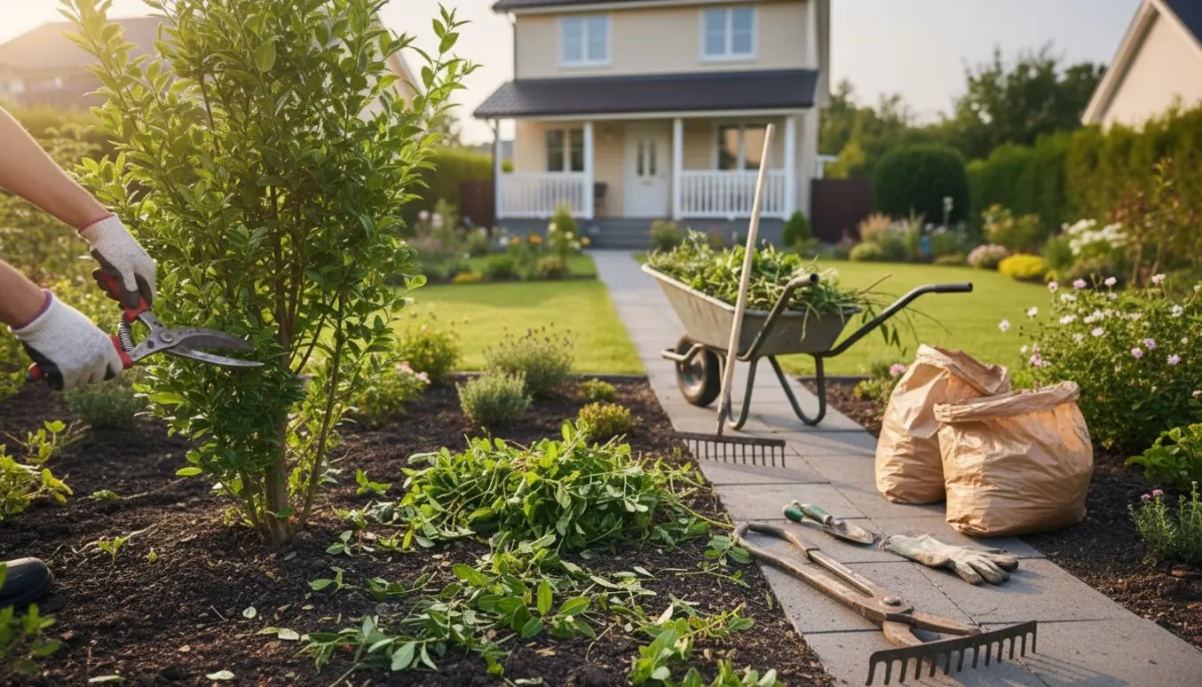 Oprydning og beskæring i en lille forhave med hænder, redskaber og en fyldt trillebør.