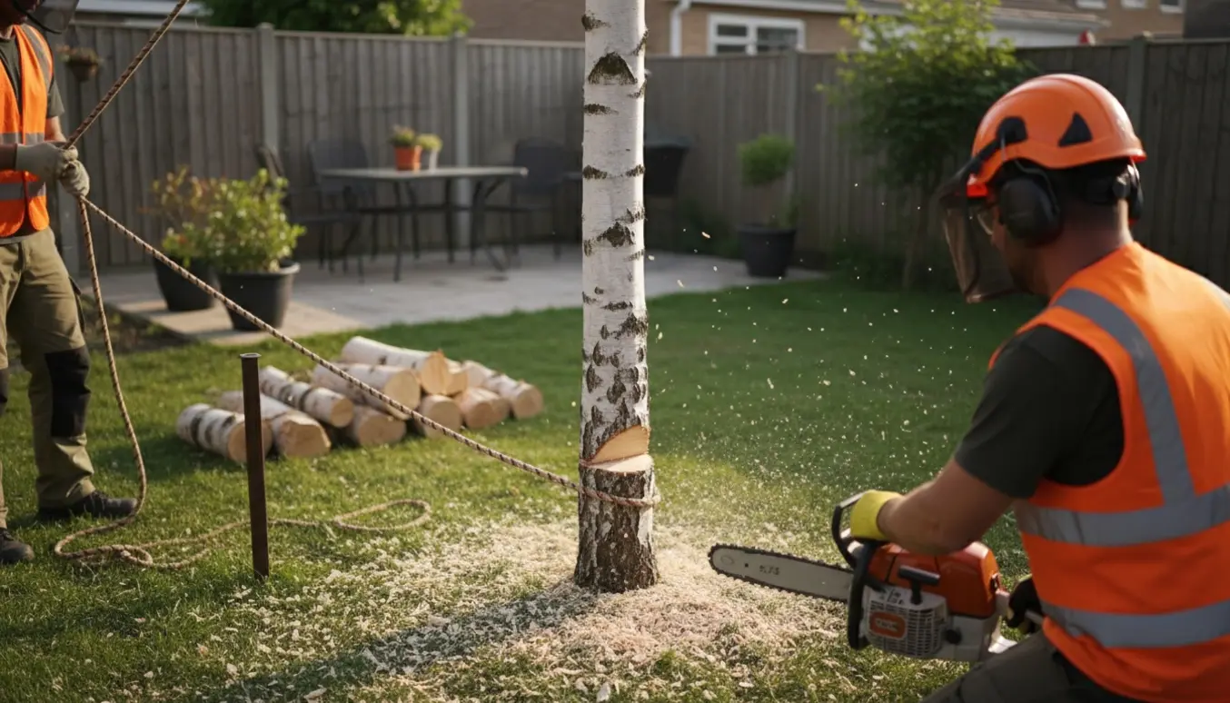 Arborist fælder en omkring otte meter høj birk i en parcelhushave med motorsav og tov, præcisionsarbejde uden at skade nabohaven.