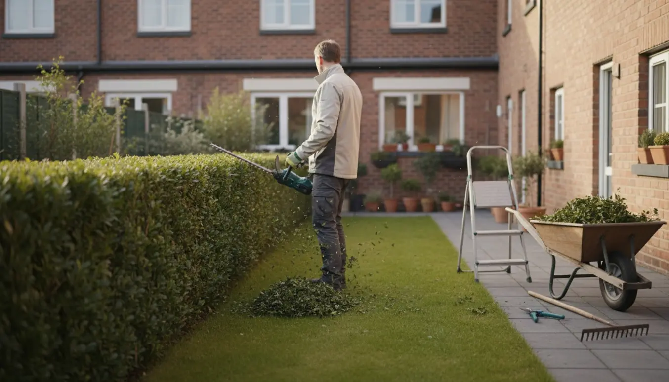 En person klipper hæk i en rækkehushave med friske afklip og haveredskaber i baggrunden.