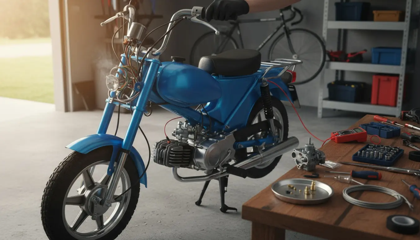 Nærbillede af en knallert på værksted med åben forlygte, løse ledninger og værktøj.