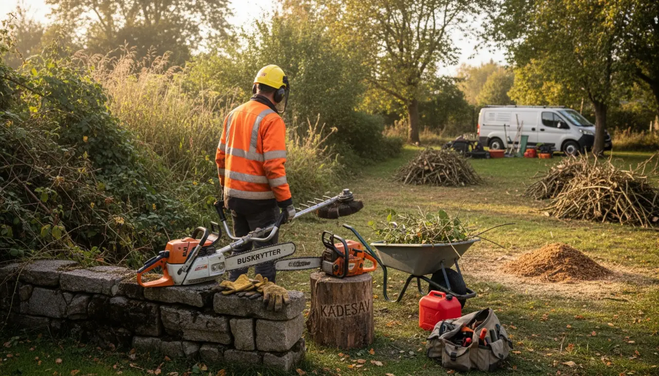 Overgroet have under oprydning med buskrytter og kædesav, bunker af afskårne grene og en arbejdsvogn i baggrunden.