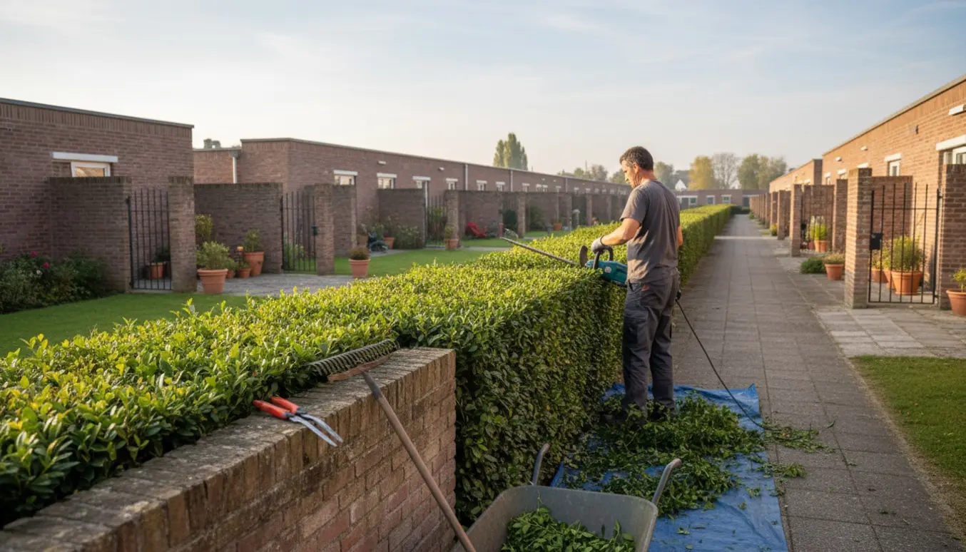 Ligusterhæk ved en andelsboligforening bliver klippet med elektrisk hækkeklipper, friske afklip samlet i en trillebør.