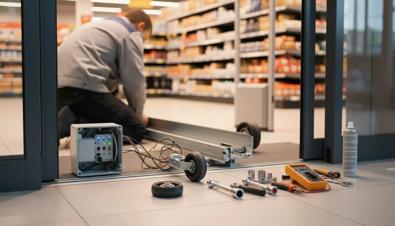 Tekniker reparerer automatikken på en supermarkedskydedør med udskiftet hjul og værktøj ved indgangen.