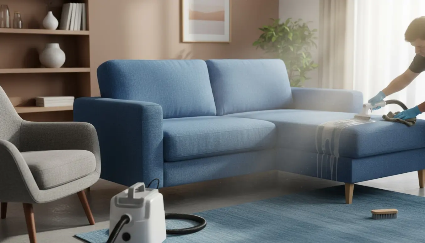 Professionel rensning af blå stofsofa med chaiselong og grå lænestol i en lys stue.