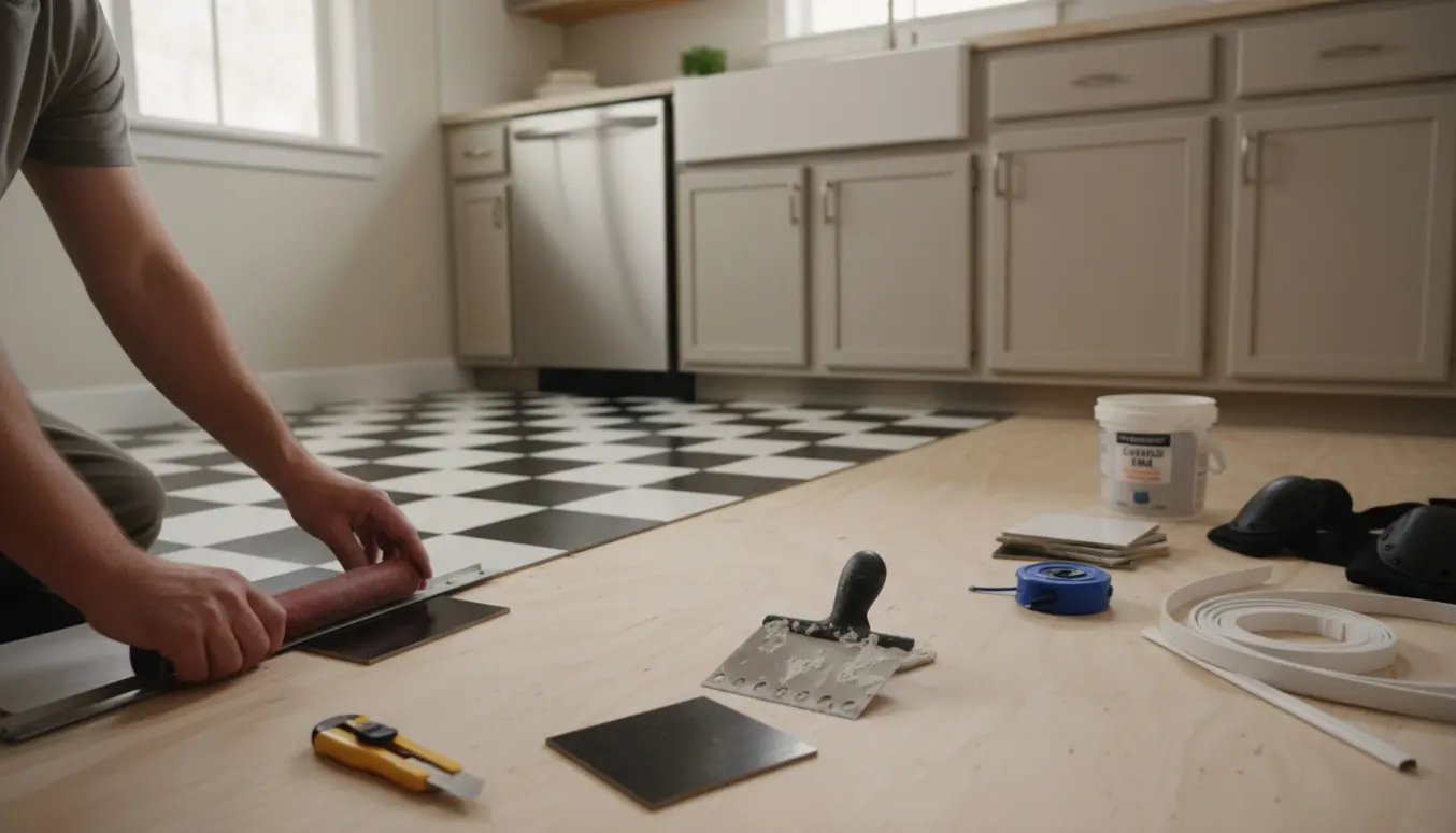 Nærbillede af hænder, der lægger sort-hvidt skakternet vinylgulv i et lille køkken.