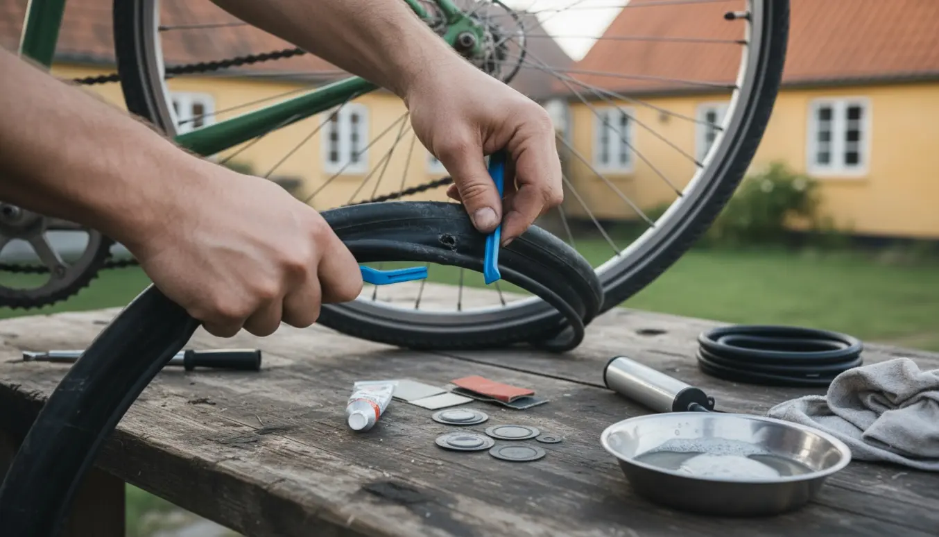 Hænder lapper en punktering på en almindelig cykel ved et træbord i blødt morgenlys.