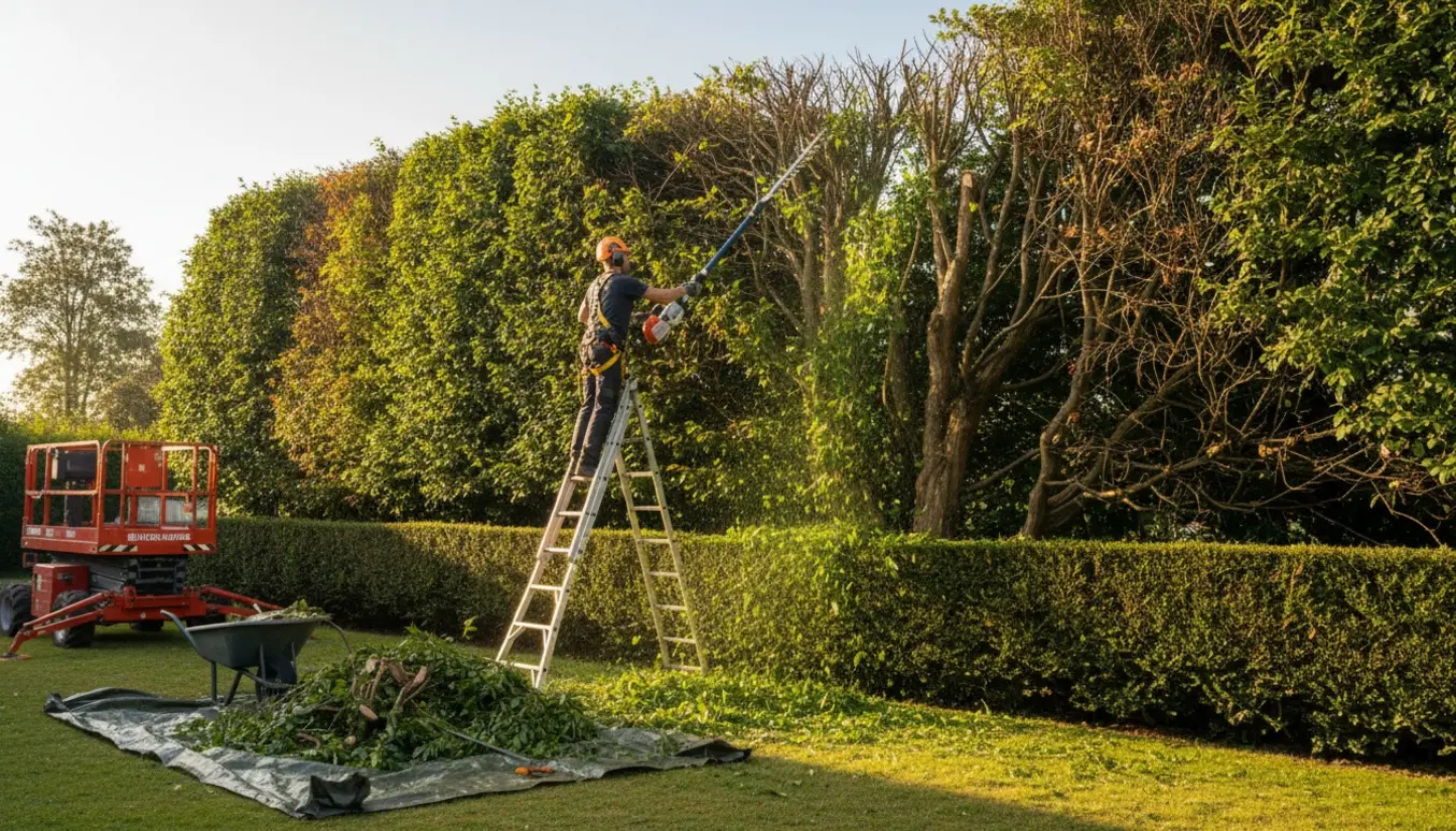 En høj, tæt hæk i en forhave klippes kraftigt ned med et langskåret hækkeklipper, mens afklip samles i en trillebør.