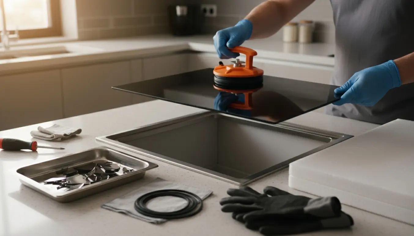 Nærbillede af udskiftning af glas på en glaskeramisk kogeplade med sugekop og reservedele på køkkenbordet.