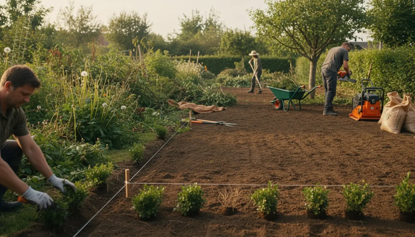 Stor opvokset have under rydning og planering med plantning af ny hæk langs vejen.