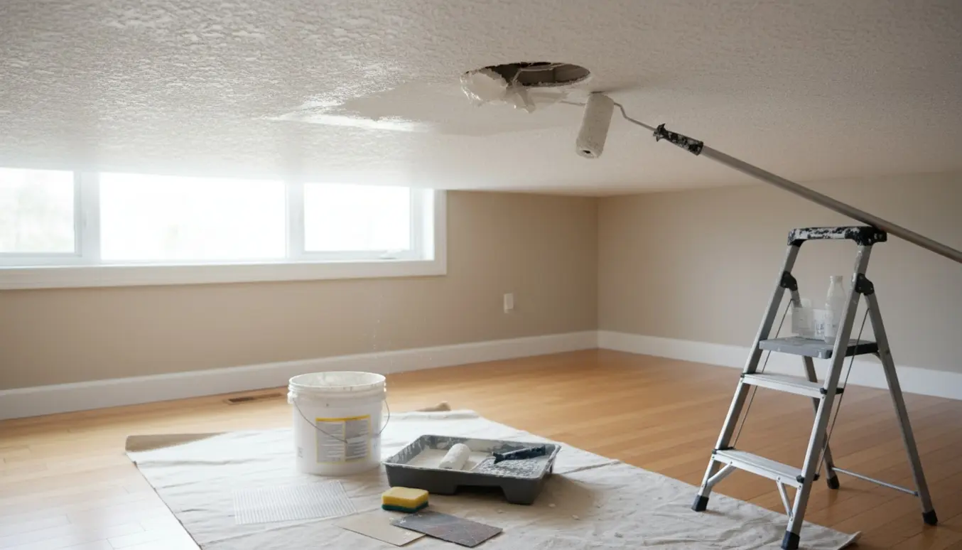 Hænder på en stige spartler og maler et repareret hul i et loft.