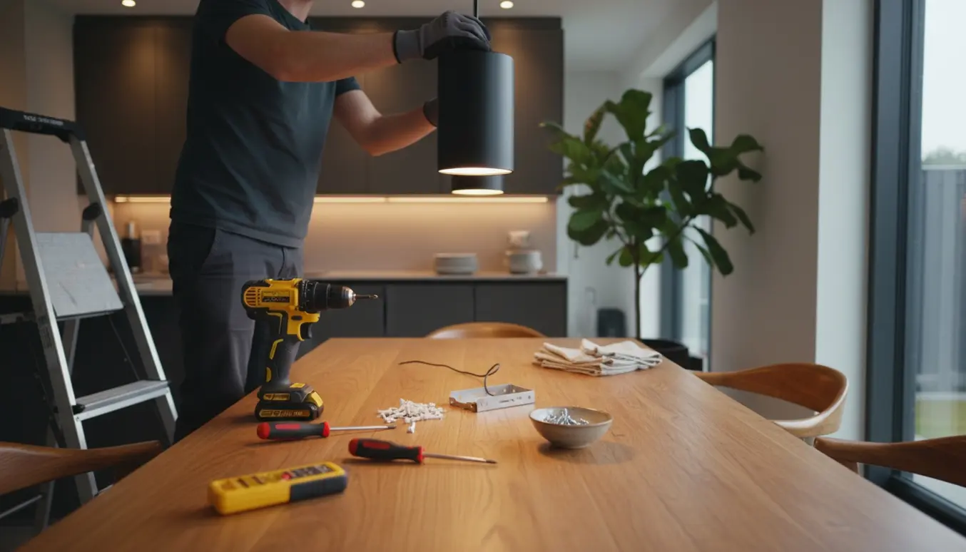 Hænder monterer en pendel over et træspisebord i en lys, moderne spisestue.