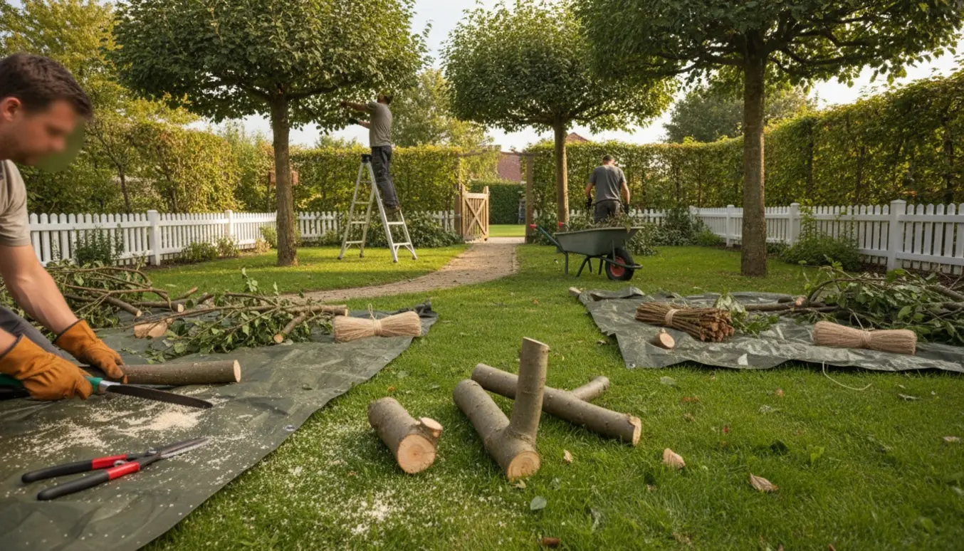 Fire havetræer bliver beskåret, afskårne grene samles på en presenning og i en trillebør klar til afhentning.