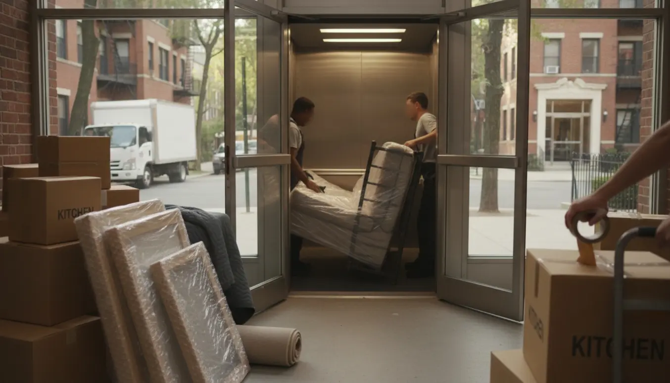 Flyttekasser og møbler bæres ind i en elevator, med flyttetransport parkeret lidt længere nede ad gaden.