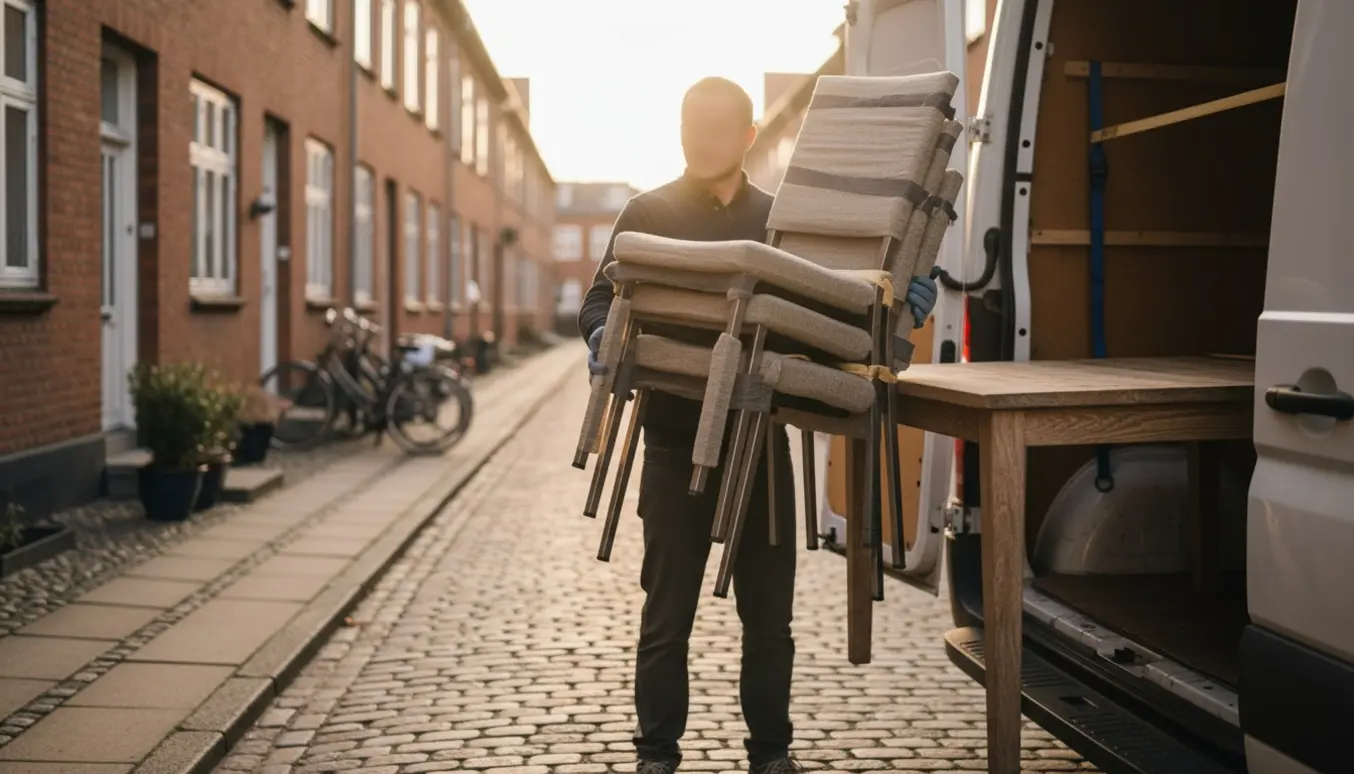 To personer læsser et bord og fire stole ind i en varevogn på en rolig Amager-gade.