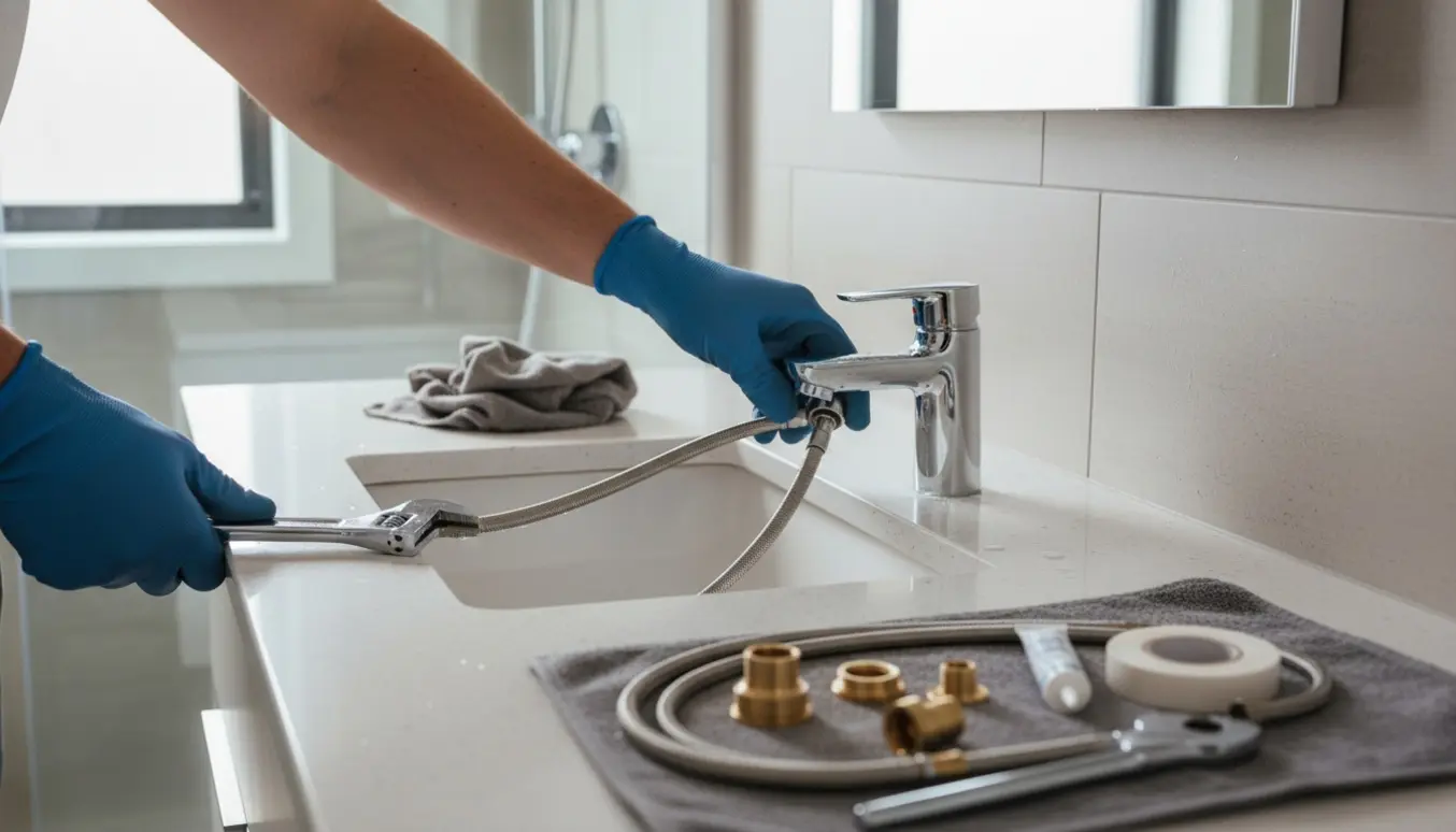 En autoriseret VVS’er installerer et nyt krom badeværelsesarmatur på en ren håndvask, kun hænder og torso synlige.