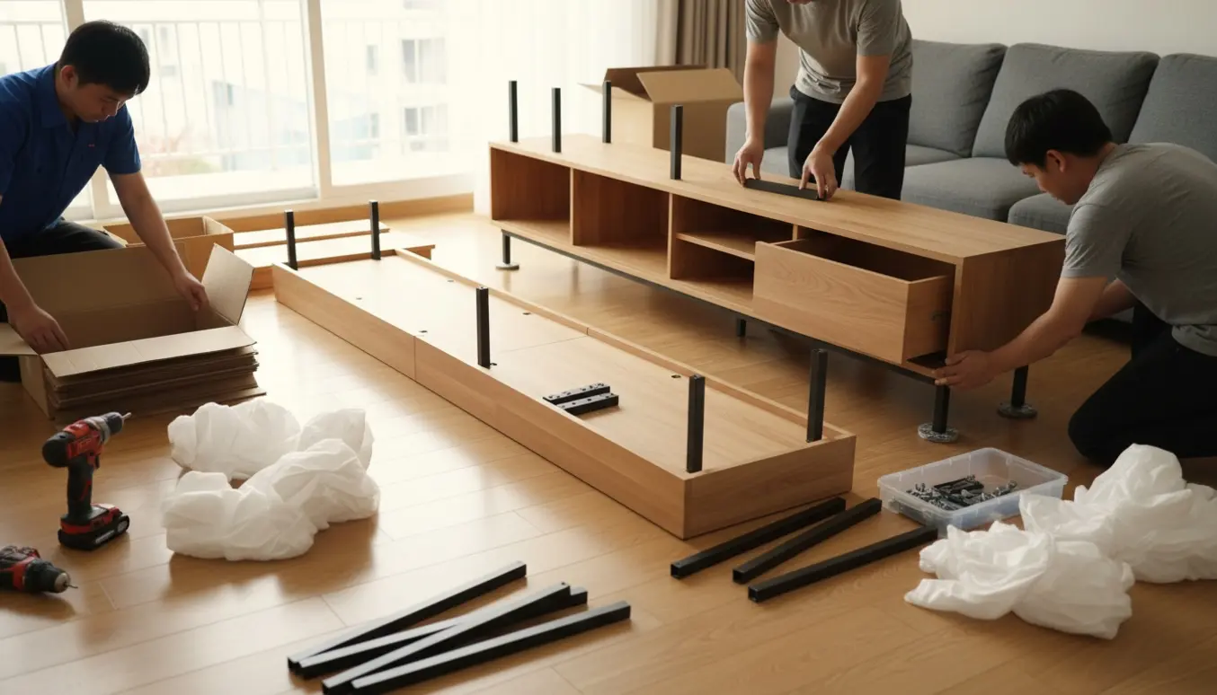 To personer samler og flytter et langt TV-møbel i en lys stue med ben, skuffer, låger og udfoldet emballage klar til bortkørsel.