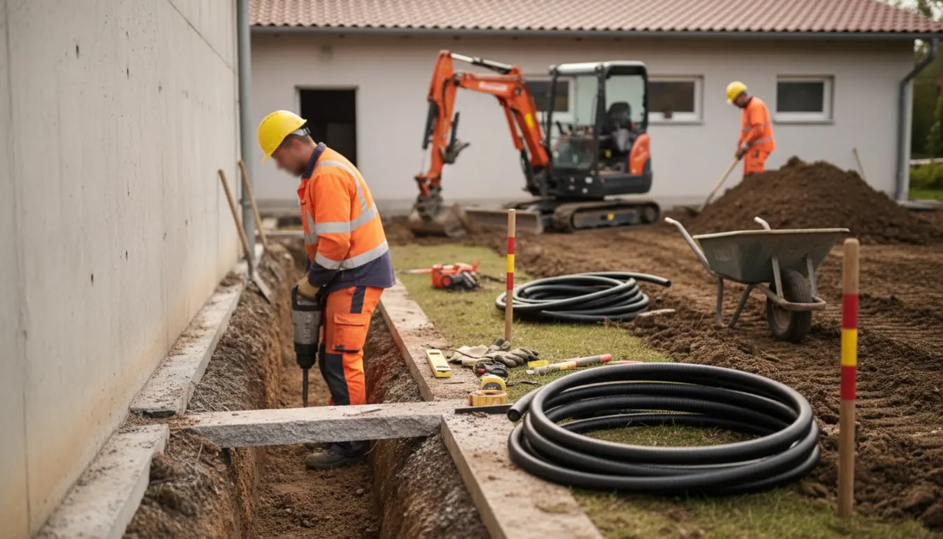Cirka 90 cm dyb rende til varmepumperør ved kældersokkel og alternativ udgravning rundt om værkstedet med rør og værktøj klar.