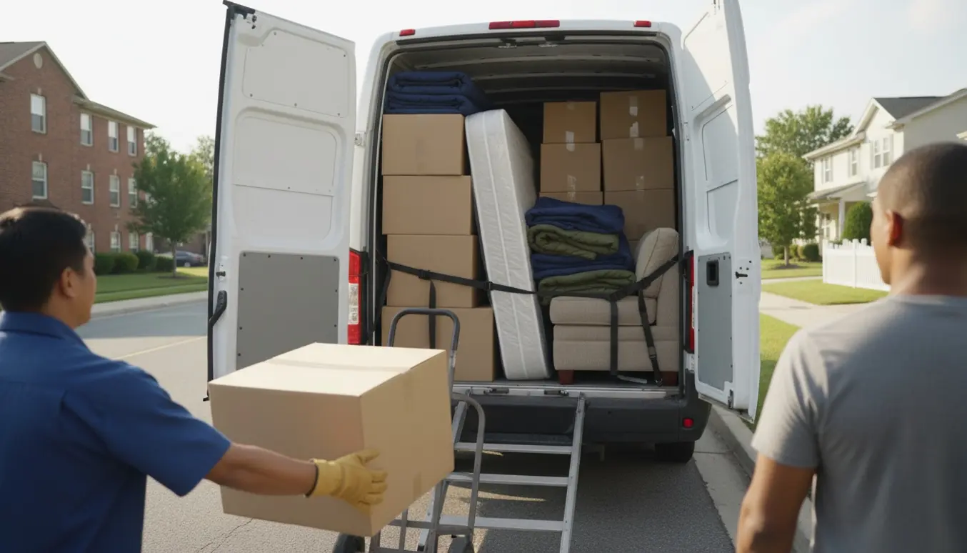 Åben flyttebil ved vejen med stabler af flyttekasser, flyttedyn og en håndtruck mens to personer læsser uden tydelige ansigter.