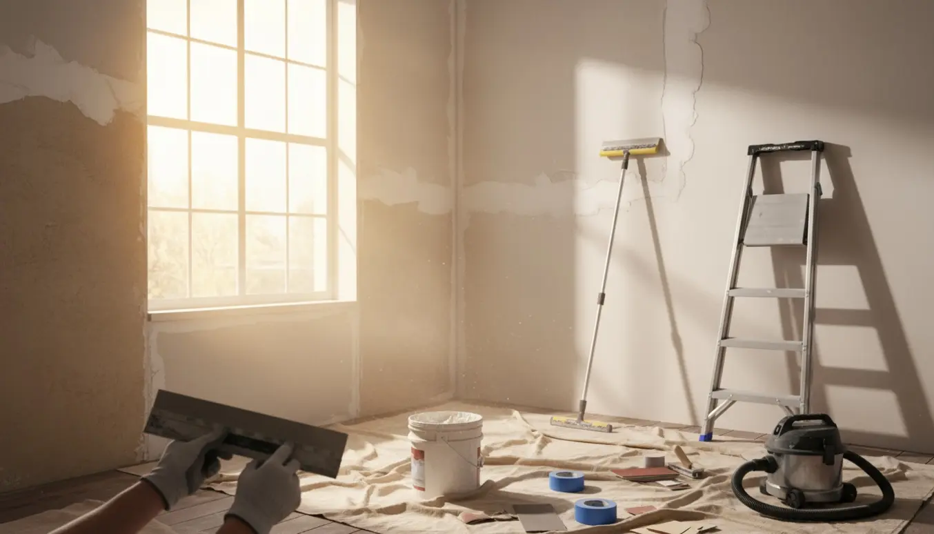 Værelse under renovering med spartlede vægge og afslibningsværktøj i naturligt dagslys.