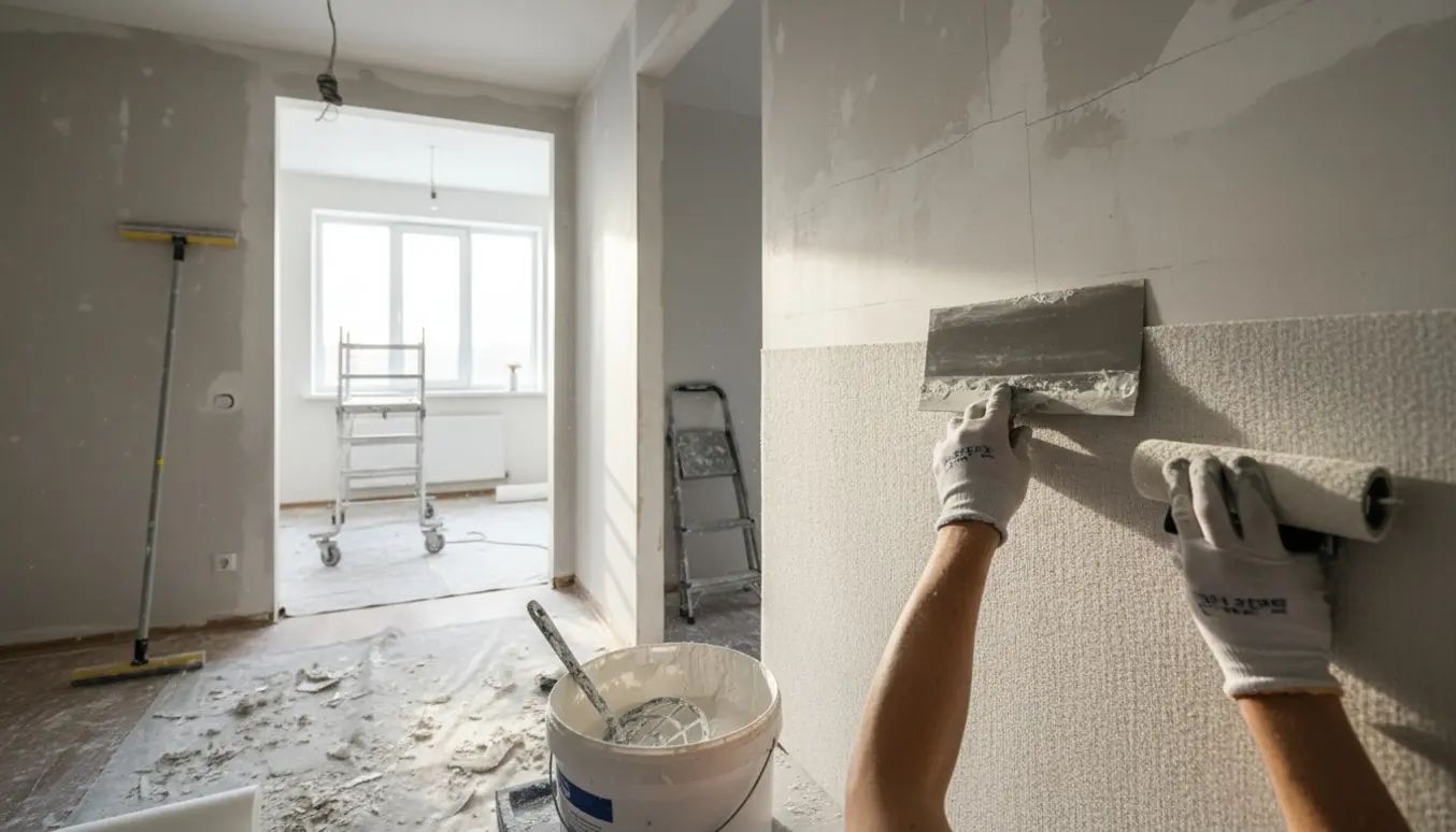 Håndværker fuldspartler loft og sætter filt op i et rum med synlige sætningsskader.