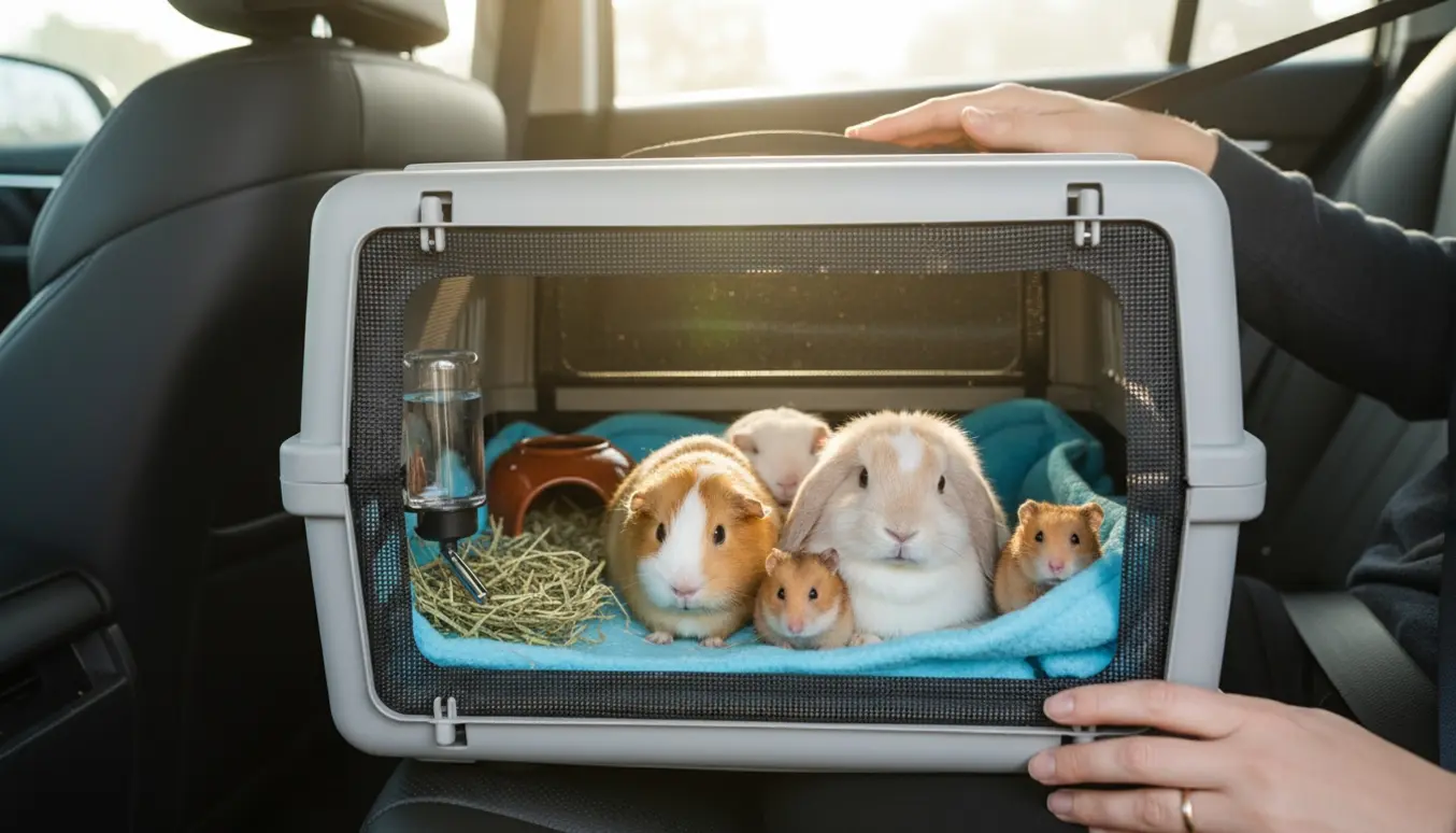 En lille transportkasse med fem små kæledyr sikret på et bilsæde med blødt underlag og vandflaske.
